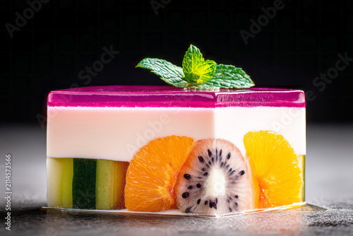 Delightful layers of jelly and cream show colorful fruit in a dessert served during a festive gathering