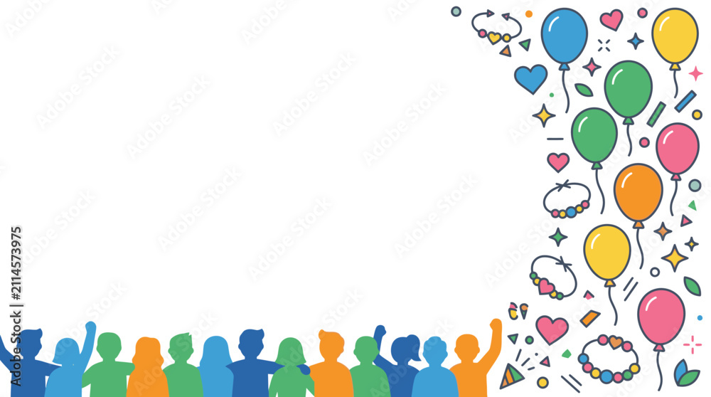 Naklejka premium Festive border featuring colorful balloons and diverse people silhouettes.