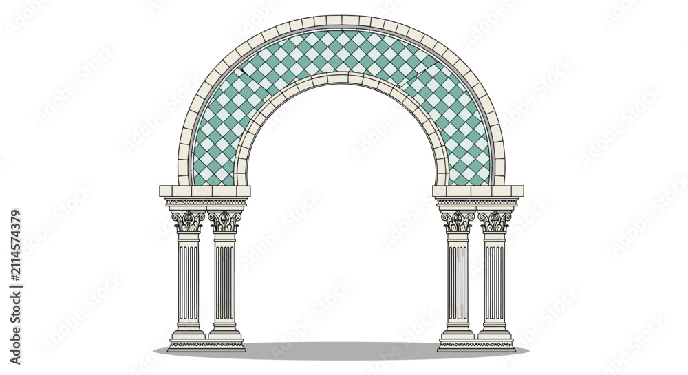 Fototapeta premium Beautiful classical architectural arch with marble columns and green mosaic pattern within the semicircular arch.