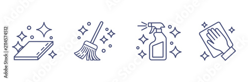 Cleaning icon set, clean surface, wet cleaning, hand wiping, cloth polish and mop with shiny floor symbols, editable stroke line vector illustration.