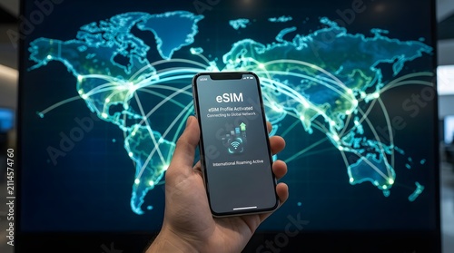 Hand holding smartphone displaying eSIM with global network connections symbolizing wireless future and digital connectivity.
