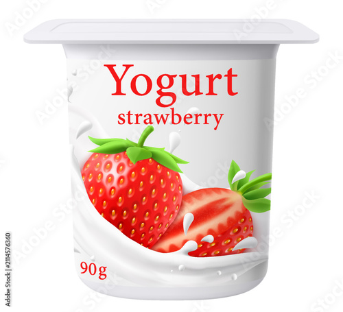 Strawberry yogurt, package design. Dairy product. Closed jar for fermented milk food. Healthy snack. Cream dessert container mockup. 3D pot with foil cap. Vector plastic packaging