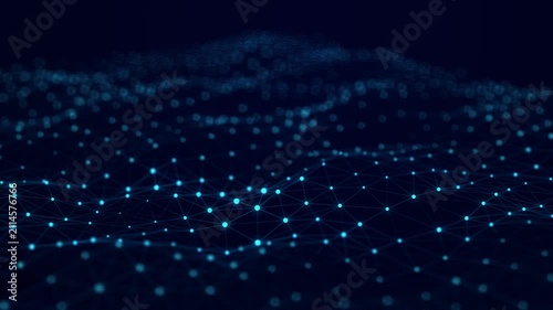 Waves transmit silent codes through a luminous matrix. Particles pulse with digital motion. 3D rendering. Seamless loop.