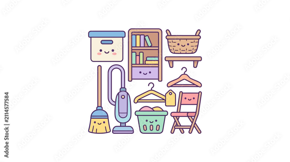 Naklejka premium Kawaii domestic cleaning equipment icons featuring vacuum and shelving unit.