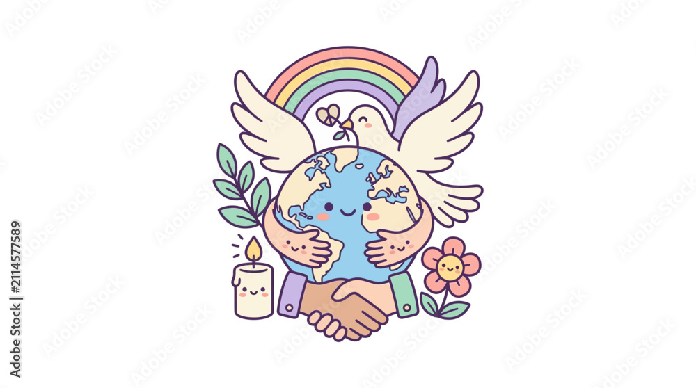Naklejka premium Kawaii earth held by hands with dove and rainbow.
