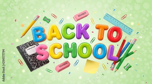 Back to school 3D text banner with floating school supplies on light green background,3D render of floating colorful bubble letters spelling back to school surrounded by floating pencils, notebooks, p