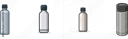 A minimalist, flat 2D vector illustration of an insulated stainless steel thermal vacuum bottle with clean dark outlines and a solid metallic silver body, isolated on a white background