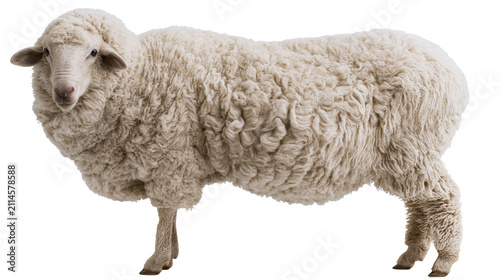 Foto Fluffy white sheep with thick wool standing profile view