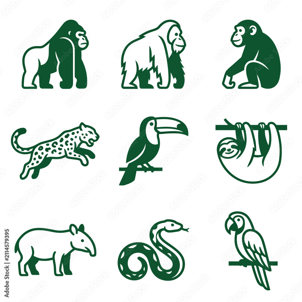 Obraz premium Green jungle animal silhouettes featuring gorillas, sloths, and leopards.