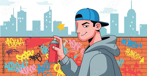 Young graffiti artist painting on brick wall vector illustration