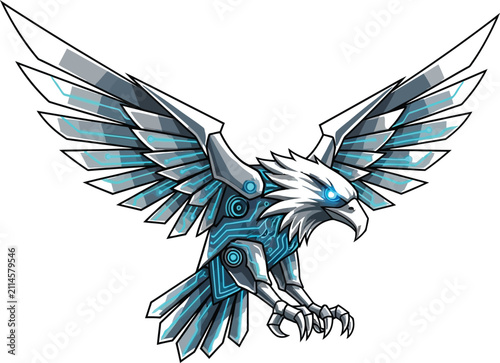 Obraz na płótnie Futuristic robotic eagle with glowing blue eyes and circuit board details symbol