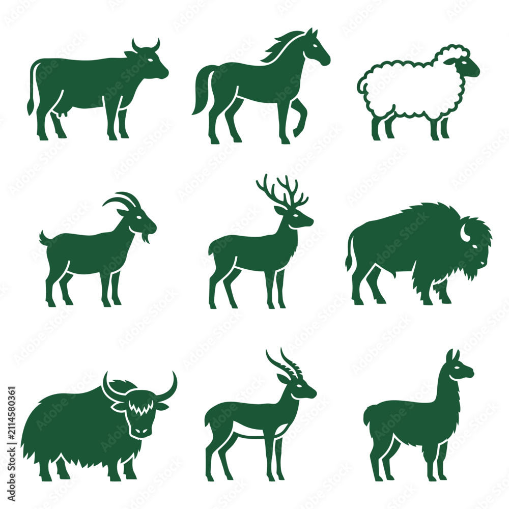 Obraz premium Herbivore mammal and livestock green silhouettes.