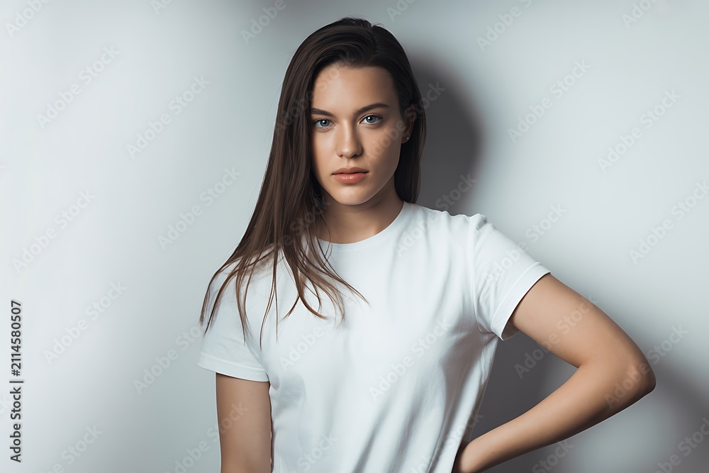 Obraz premium Woman in a white shirt stands against a neutral wall with a confident look.