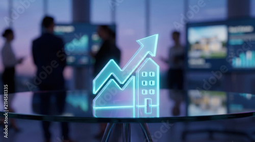 Real estate auction concept with glowing house chart and rising arrow, blurred office background, market growth, bidding war