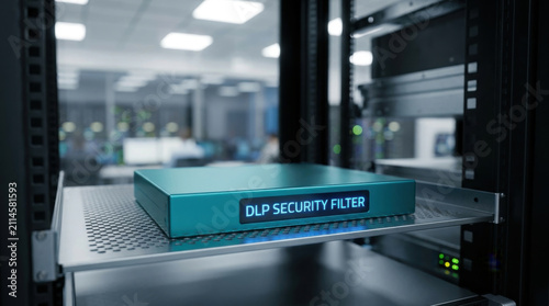 Data loss prevention security filter in server rack with glowing label and clean data center equipment