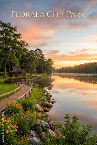 Florala City Park Alabama a Tranquil Lakeside Park Landscape at Sunset with Wooden Path and Gazebo