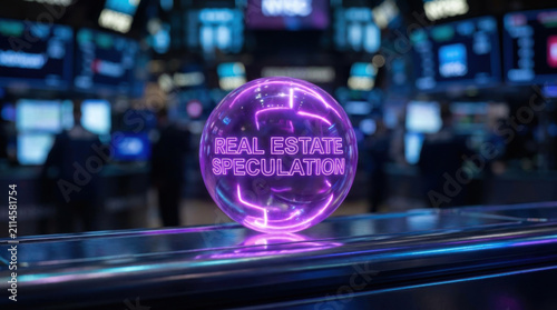 Real estate speculation purple sphere futuristic market glowing orb glass surface neon light financial concept property market