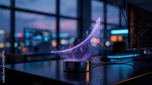 Hologram growth chart financial growth startup valuation glowing arrow dark office modern desk digital projection market rise