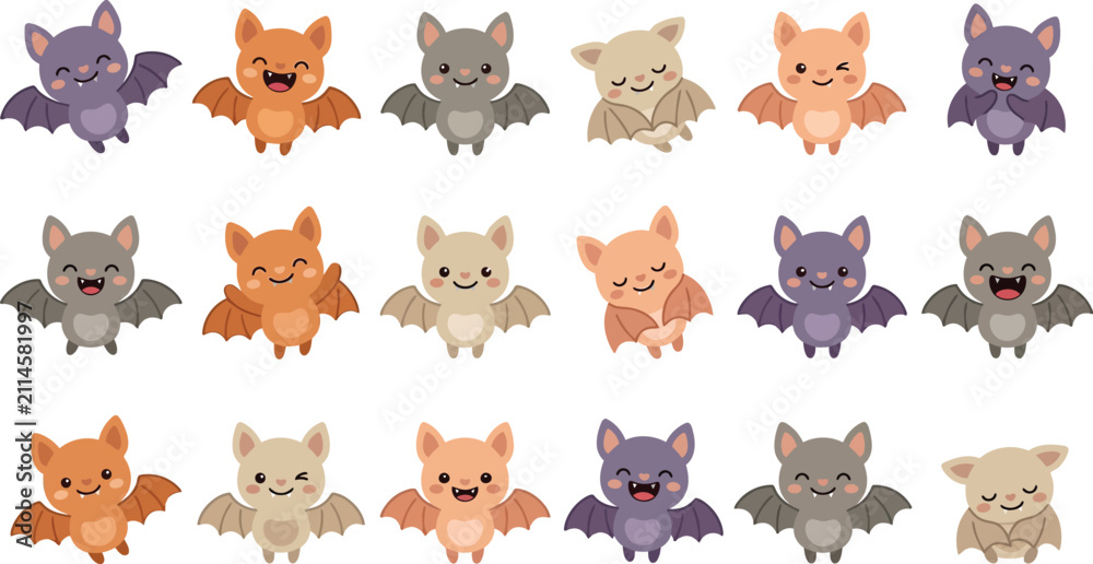 Obraz premium Set of cute cartoon bat characters with different expressions and colors in flat vector style Vector