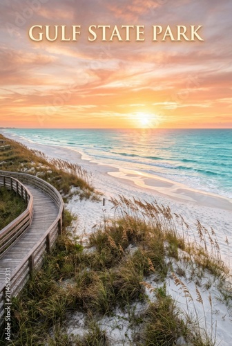 Scenic Wooden Boardwalk Along the Pristine White Sand Beach at Sunset in Alabama Gulf Coast State Park