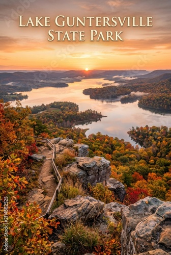Lake Guntersville State Park Alabama a Scenic Sunset View Over Autumn Forest Lake from Mountain Overlook with Fall Foliage