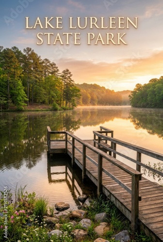 Lake Lurleen State Park Alabama a Scenic wooden dock on a calm lake during a peaceful misty sunrise in a state park