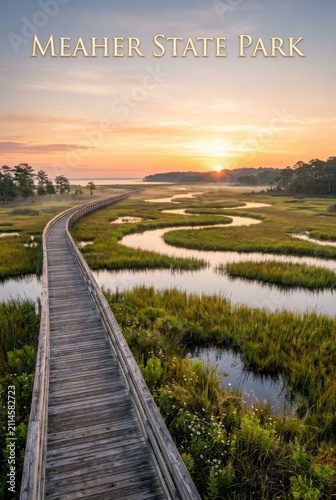 Meaher State Park landscape with a wooden boardwalk winding through marshlands at sunset