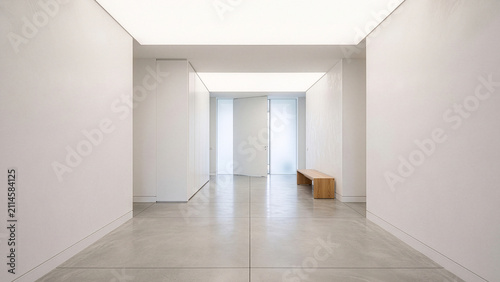 Modern minimalist hallway interior with open pivot door and wooden bench