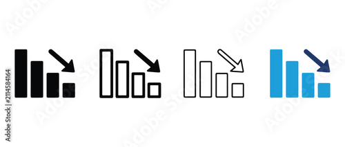 Downward trending bar chart icons with arrows indicating decline in data sets isolated on transparent background