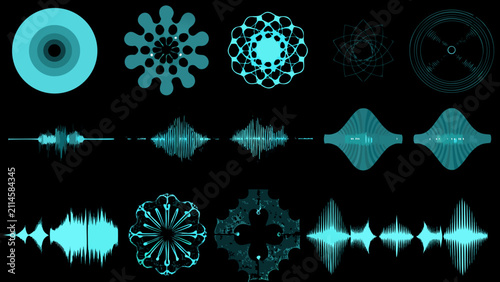 Fotografía Audio Waveform Collection Featuring Circular And Floral Patterns In Teal Against
