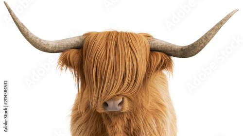 Fotografie Highland cow with long shaggy ginger fur and large horns