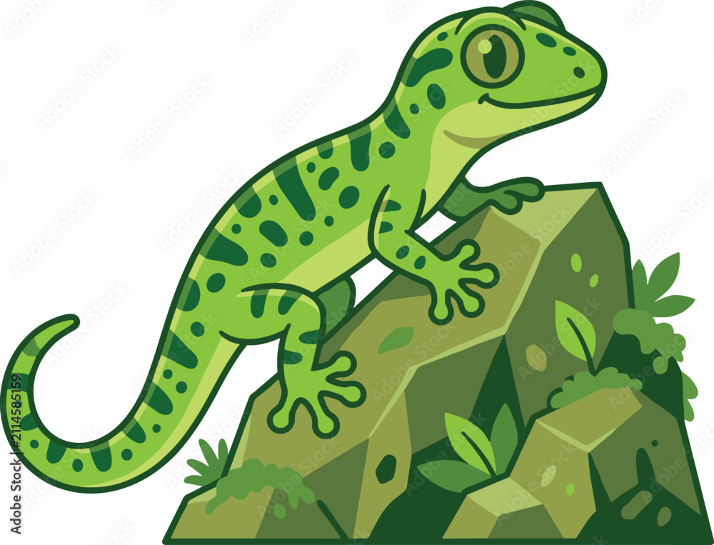 Obraz premium Green Gecko Climbing On Rock Detailed Vector Wildlife Graphic