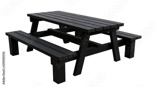 Black wooden picnic table with attached benches