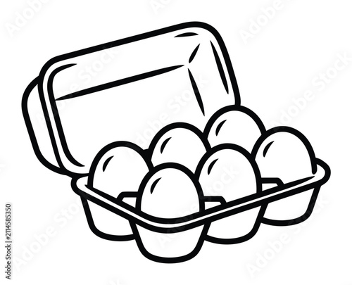 Línea en blanco y negro de una caja con seis huevos frescos