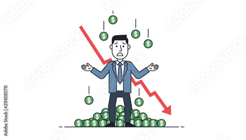Sad businessman standing near a declining financial graph with dropping dollar coins showing loss and bankruptcy.