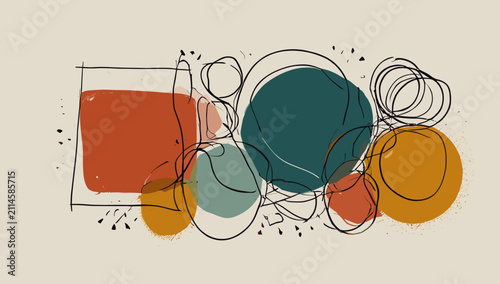Bild auf Leinwand Abstract composition of organic shapes and scribbled lines in warm earthy tones on a neutral background