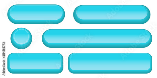 Blue web buttons set isolated on white background. Vector illustration of glossy 3D cyan banners with pill, round, and rectangle shapes for mobile application UI, UX, and CTA button set.