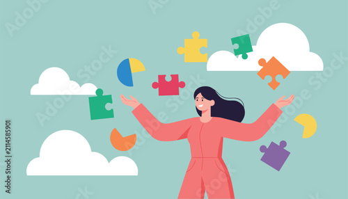 Smiling woman juggling colorful jigsaw puzzle pieces and pie charts to represent multi tasking and problem solving.