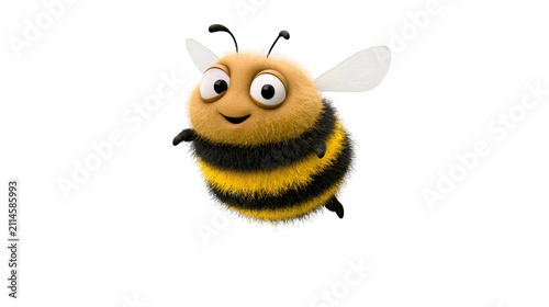 Fluffy cartoon bee with big eyes and black stripes