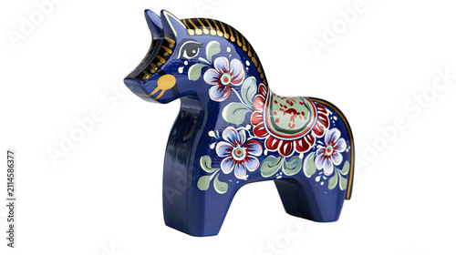 Blue wooden horse figurine with floral folk art painting