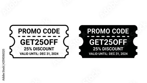 Foto Discount Coupon: Two promotional coupons offering a 25% discount, one in black and white and the other in black and yellow, with details about the offer and validity date