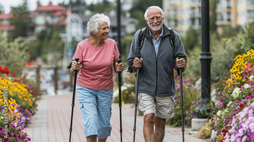 Smiling senior couple practices Nordic walking together along a colorful urban garden path in a frontal full body view.