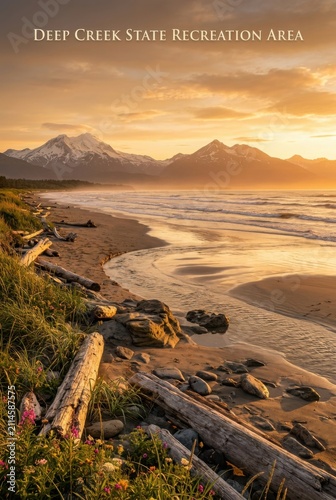 Deep Creek State Recreation Area Alaska a Breathtaking Sunset Over Coastal Mountains and Driftwood Strewn Shoreline at a Serene Wilderness Beach Destination