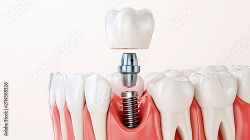 A detailed dental illustration shows a crown, abutment, and titanium implant aligned above gums between surrounding teeth.