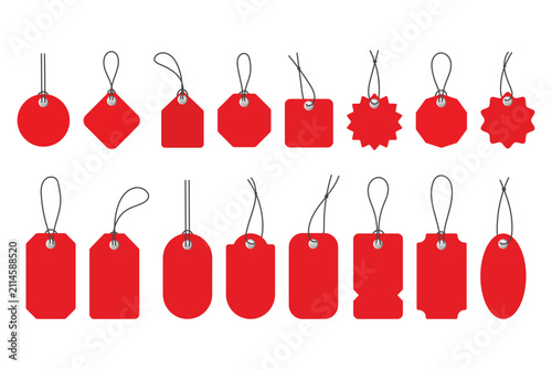 Red blank price tag icon set. Set of blank red paper price tags or gift tags. Vector illustration.