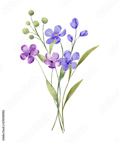 Violet flowers watercolor, floral botanical illustration, clipart. Bouquet perfectly for sublimation and printing design on invitations, cards, posters and other. Hand drawing.