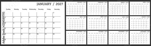 Vector illustration. Calendar for 2027. Week starts on Sunday. Calendar ready for printing. Has 12 months. Stationery design concept.