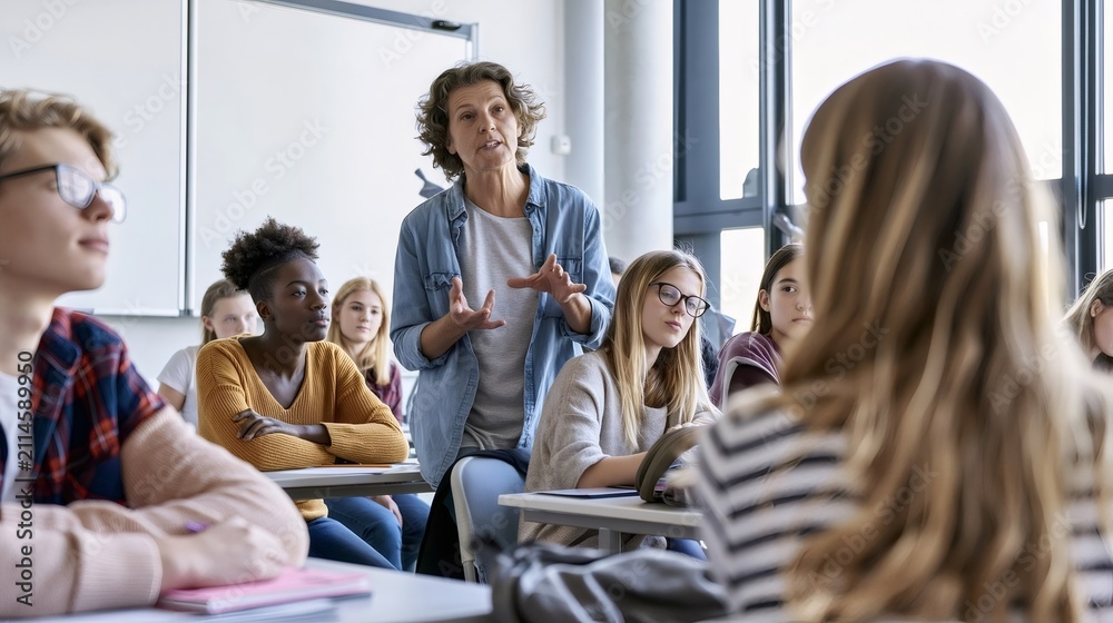 Fototapeta premium Teacher explaining lesson to diverse high school students in classroom