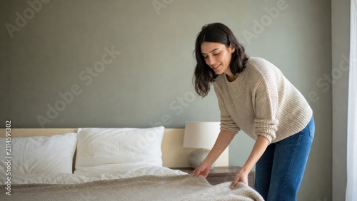Smiling young woman neatly arranging beige blankets while making the bed in a serene minimalist bedroom filled with soft natural light