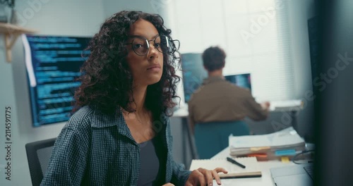 Group Adult male, female freelance typing write prompt AI bot IT app smart program nomad, video game, terminal with coding language, user interface, designer, big data center on desktop computer.